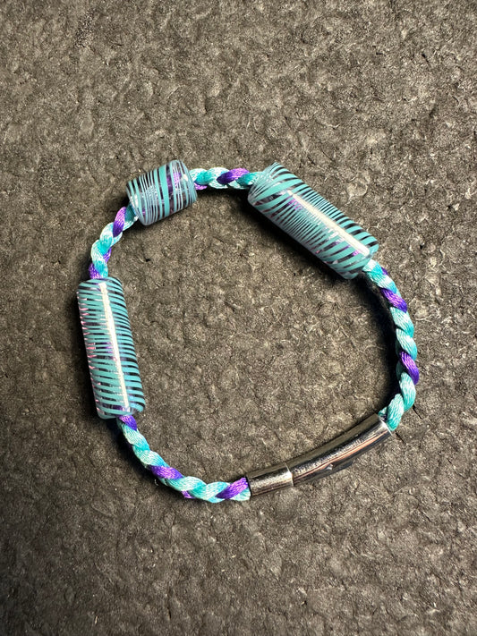Teal/Purple 8” Braided Nylon Bracelet (Aqua/Royal Jelly Beads)